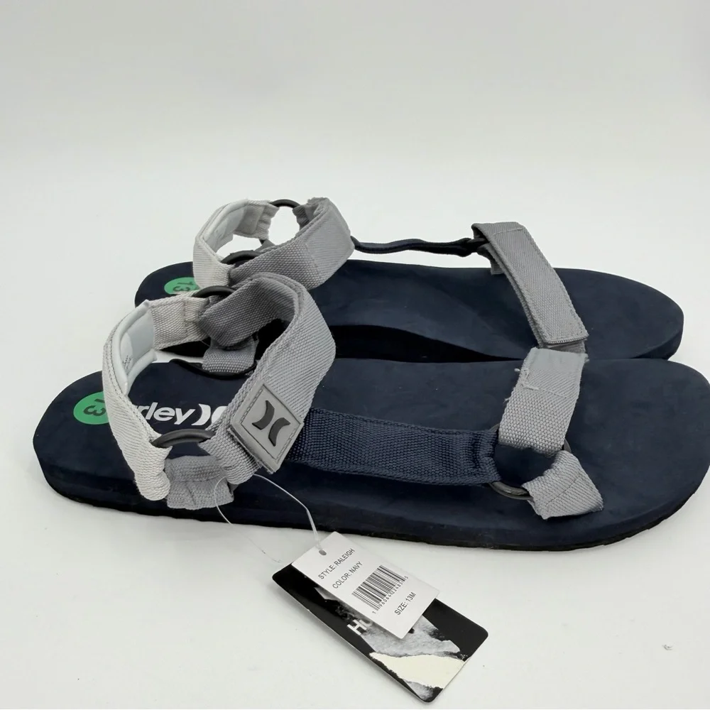 HURLEY Sandals Mens 13M RALEIGH Navy Blue Gray Adjustable Strap Lightweight READ